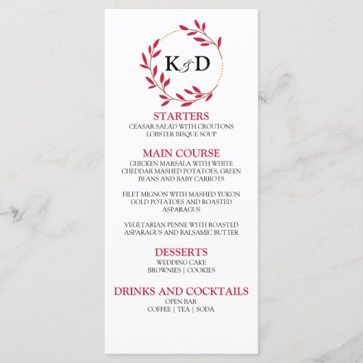 Charmante Herfst Leaf Monogram bruiloft Menu (Voorkant)