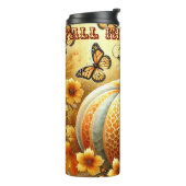 Charmante herfstgelukzaligheid: pompoen, bloem en thermosbeker (Gedraaid links)