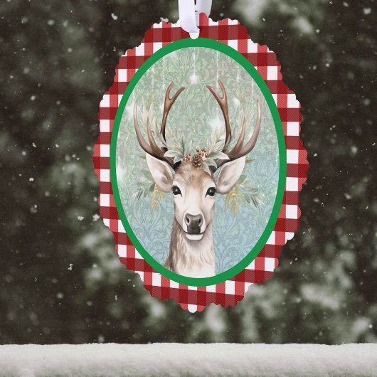 Charmante Herten op Rood Wit Plaid Bedrijf Kerstmi Ornament Kaart