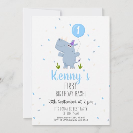 Charmante Hippo Blauwe Ballon 1e verjaardag Kaart (Voorkant)