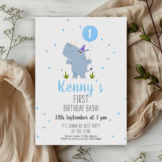 Charmante Hippo Blauwe Ballon 1e verjaardag Kaart