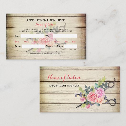 Charmante houten schaar en Rozen afspraak Afsprakenkaartje (Voorkant / Achterkant)
