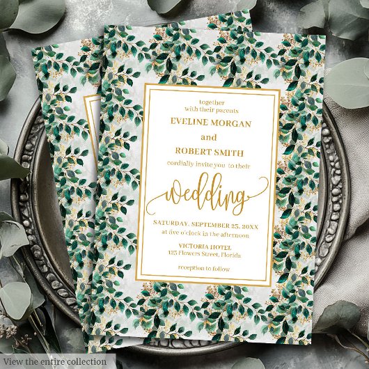 Charmante Hunter Green Gold Eucalyptus Wedding Kaart
