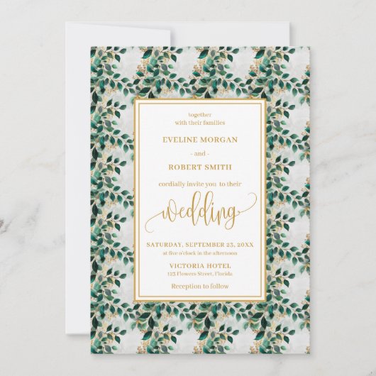 Charmante Hunter Green Gold Eucalyptus Wedding Kaart (Voorkant)