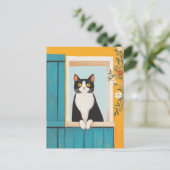 Charmante kat in het raam briefkaart (Staand voorkant)