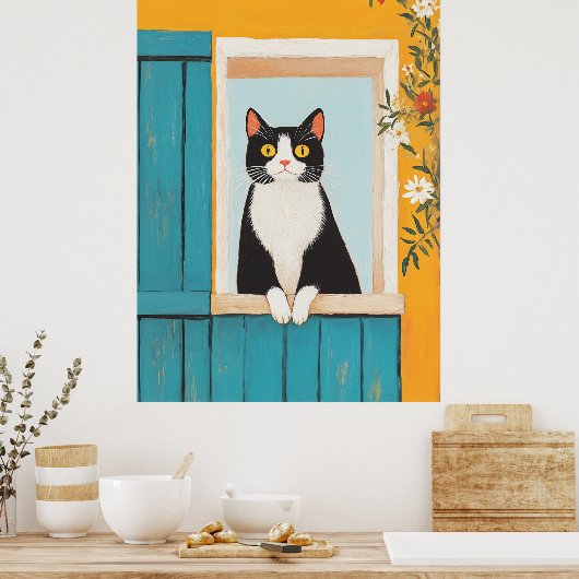 Charmante kat in het raam poster (Keuken)
