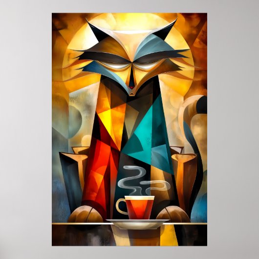 Charmante kat – kubistische filosoof met koffie poster (Voorkant)