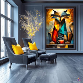 Charmante kat – kubistische filosoof met koffie poster