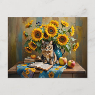 Charmante kat met zonnebloem boeket briefkaart