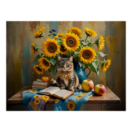 Charmante kat met zonnebloem boeket perfect poster