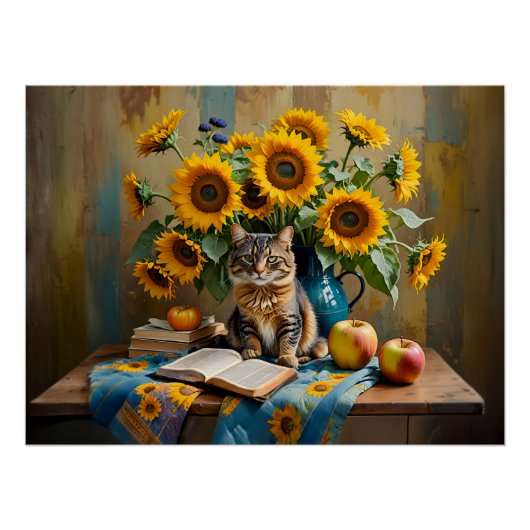 Charmante kat met zonnebloem boeket perfect poster (Voorkant)