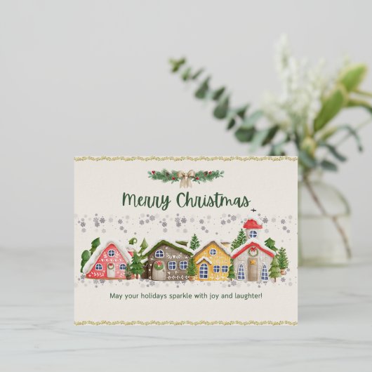 Charmante Kerst Kaart: Gezellige Huizen en Snowy W Folie Feestdagen Briefkaart (Staand Voorkant)