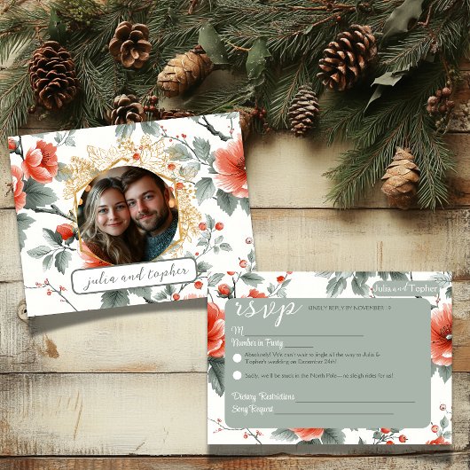 Charmante kerstbruiloft met romantische foto RSVP kaartje