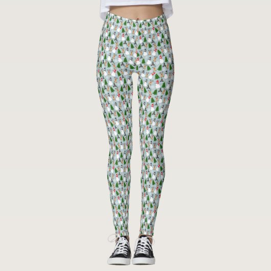 Charmante Kerstmis Sneeuwman en bomen Patroon Leggings (Voorkant)