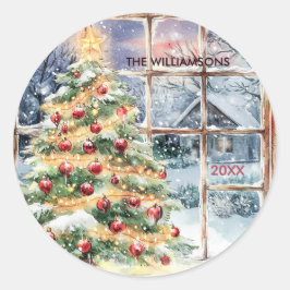 Charmante kerstscène boom sneeuwgeschenken ronde sticker