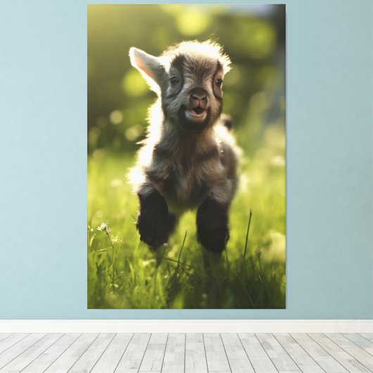 Charmante kleurrijke Baby geit in grasportret Canvas Afdruk (Insitu (Houten vloer))