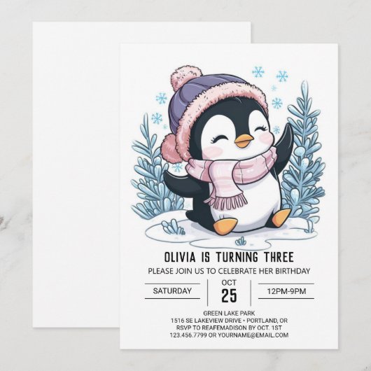 Charmante kleurrijke pinguïn digitale verjaardag kaart (Voorkant / Achterkant)