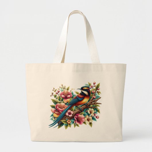 Charmante kleurrijke vogel en bloem grote tote bag (Voorkant)