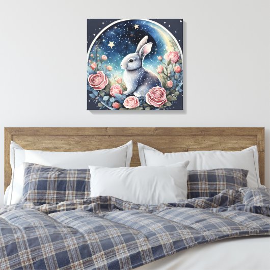 Charmante konijn in een lenteweide onder een sterr canvas afdruk (Insitu (Slaapkamer))