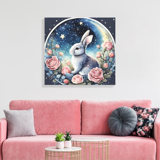 Charmante konijn in een lenteweide onder een sterr canvas afdruk (Insitu (Woonkamer))