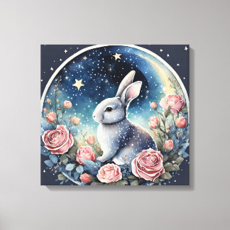 Charmante konijn in een lenteweide onder een sterr canvas afdruk