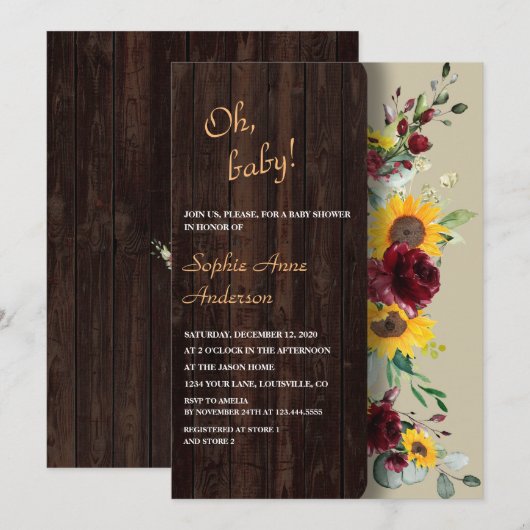 Charmante Koninklijke Bourgondië Zonnebloem Bruids Kaart (Voorkant / Achterkant)