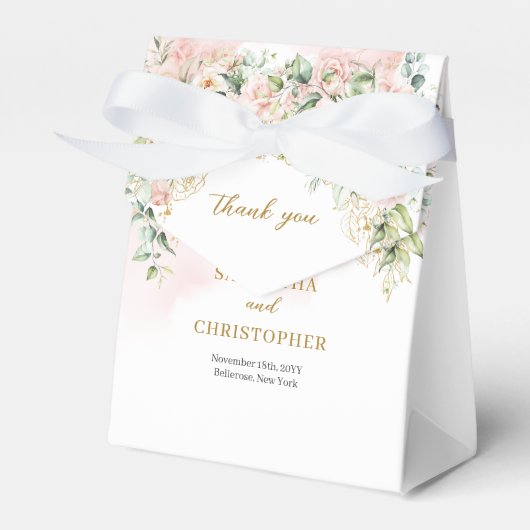 Charmante lichtroze rozen groen & gouden bruiloft bedankdoosjes (Voorkant Zijde)