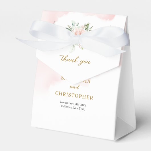 Charmante lichtroze rozen groen & gouden bruiloft bedankdoosjes (Voorkant Zijde)