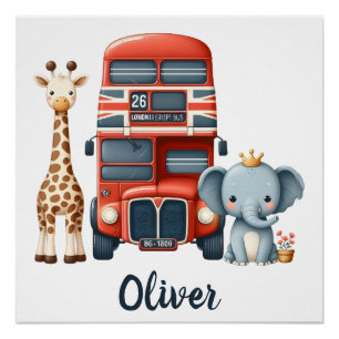 Charmante London Bus met Giraffe & Olifant Perfect Poster