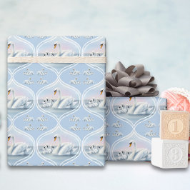 Charmante Mama Zwaan Met Baby'S In Peach Sunset Cadeaupapier