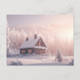 Charmante met sneeuw bedekte houten hut in een bos briefkaart