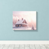 Charmante met sneeuw bedekte houten hut in een bos canvas afdruk (Insitu (Houten vloer))
