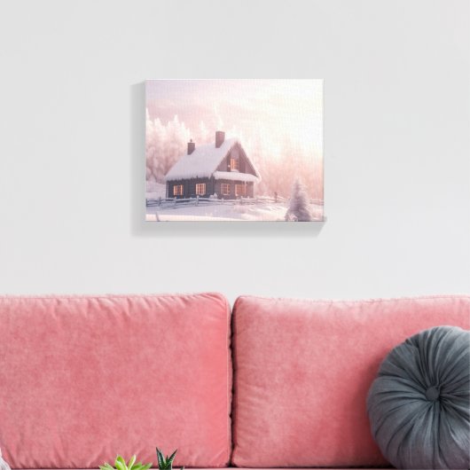 Charmante met sneeuw bedekte houten hut in een bos canvas afdruk (Insitu (Woonkamer))
