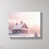 Charmante met sneeuw bedekte houten hut in een bos canvas afdruk (Voorkant)