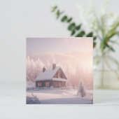 Charmante met sneeuw bedekte houten hut in een bos feestdagenkaart (Staand voorkant)