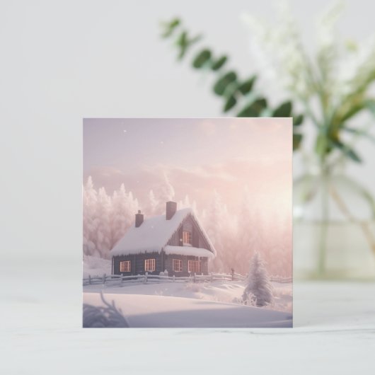 Charmante met sneeuw bedekte houten hut in een bos feestdagenkaart (Staand voorkant)