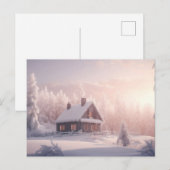 Charmante met sneeuw bedekte houten hut in een bos feestdagenkaart (Voorkant / Achterkant)