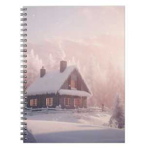 Charmante met sneeuw bedekte houten hut in een bos notitieboek