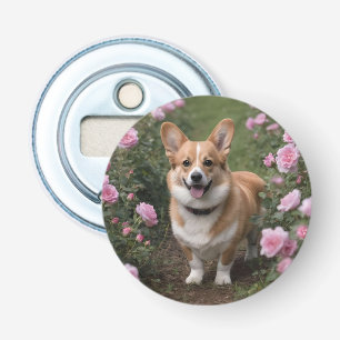 Charmante metgezel: een corgi in een roze rozentui button flesopener