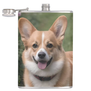 Charmante metgezel: een corgi in een roze rozentui heupfles