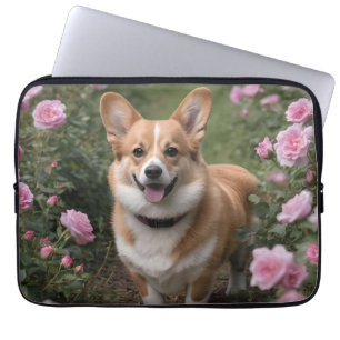 Charmante metgezel: een corgi in een roze rozentui laptop sleeve