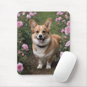 Charmante metgezel: een corgi in een roze rozentui muismat