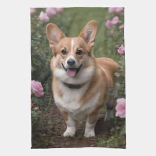 Charmante metgezel: een corgi in een roze rozentui theedoek
