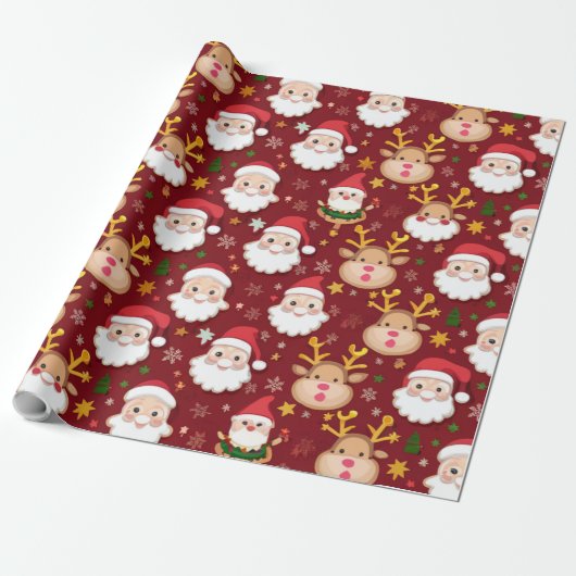 Charmante Mini Kerstman en Rendier kerstpatroon Cadeaupapier (Uitgerold)