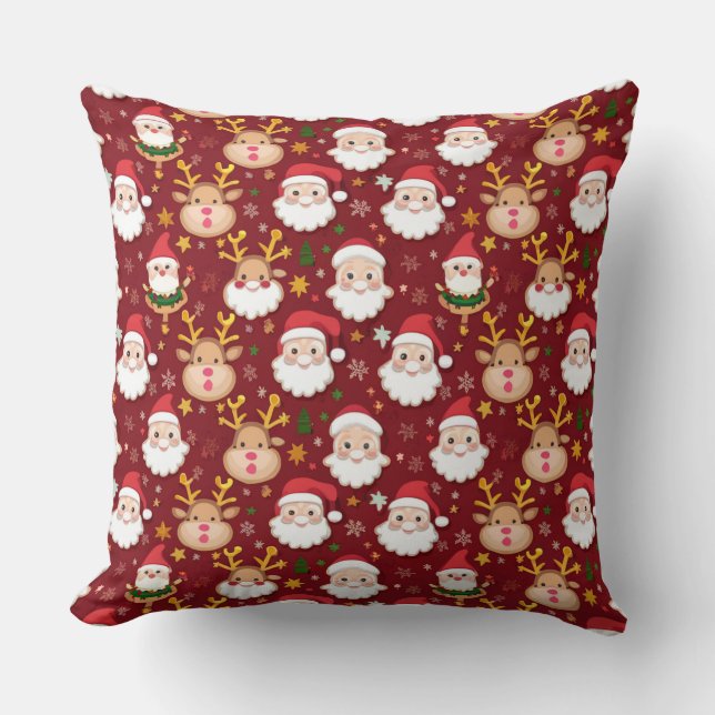 Charmante Mini Kerstman en Rendier kerstpatroon Kussen (Voorkant)
