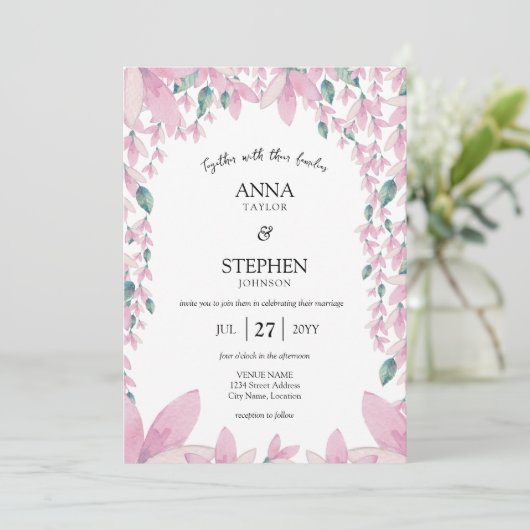 Charmante moderne roze Wisteria bloemenbruiloft Kaart (Staand voorkant)