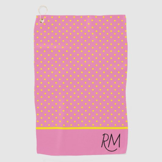 Charmante Monogrammed Roze met Gele Polka Dots Golfhanddoek (Voorkant)