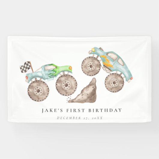 Charmante Monster Truck Bash verjaardag Spandoek (Horizontaal)