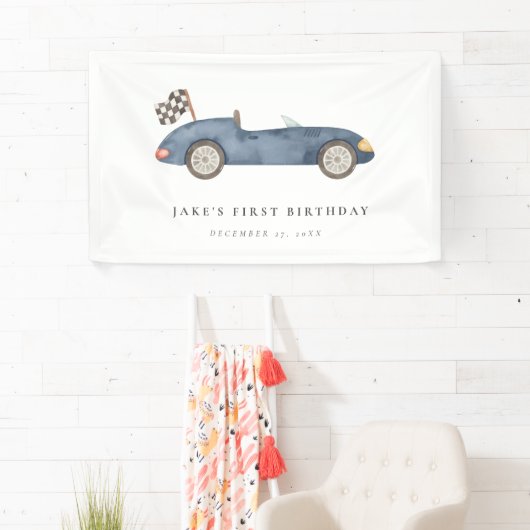 Charmante Navy Blue Race Auto Verjaardag Spandoek (Insitu)