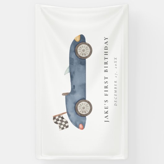 Charmante Navy Blue Race Auto Verjaardag Spandoek (Verticaal)